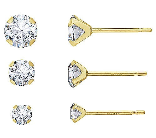 Solid Gold Round Cut Set of 3 Stud Earrings