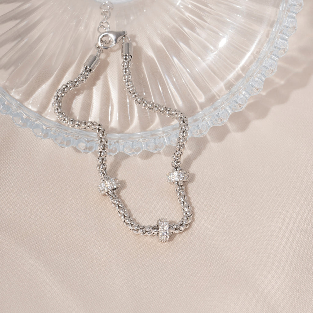 Pave Roundel Station Bracelet With Popcorn Chain