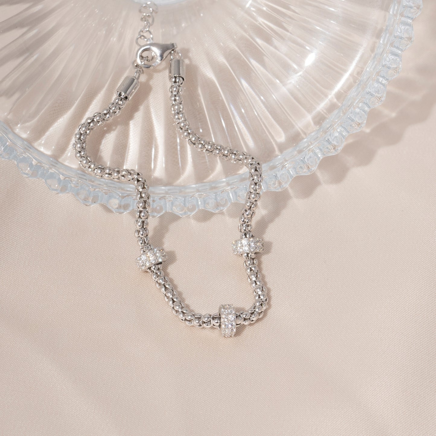 Pave Roundel Station Bracelet With Popcorn Chain