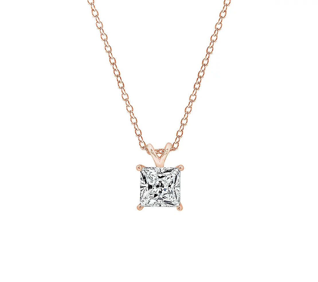 1.00 cttw Solitaire Princess-Cut Prong Set Pendant w/ Chain