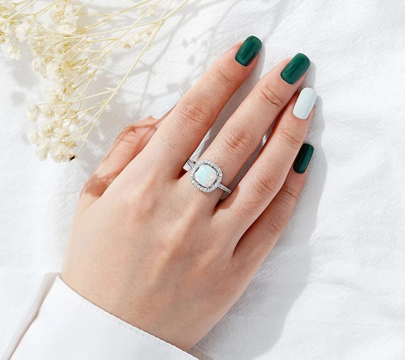 Opal Cushion Halo Ring