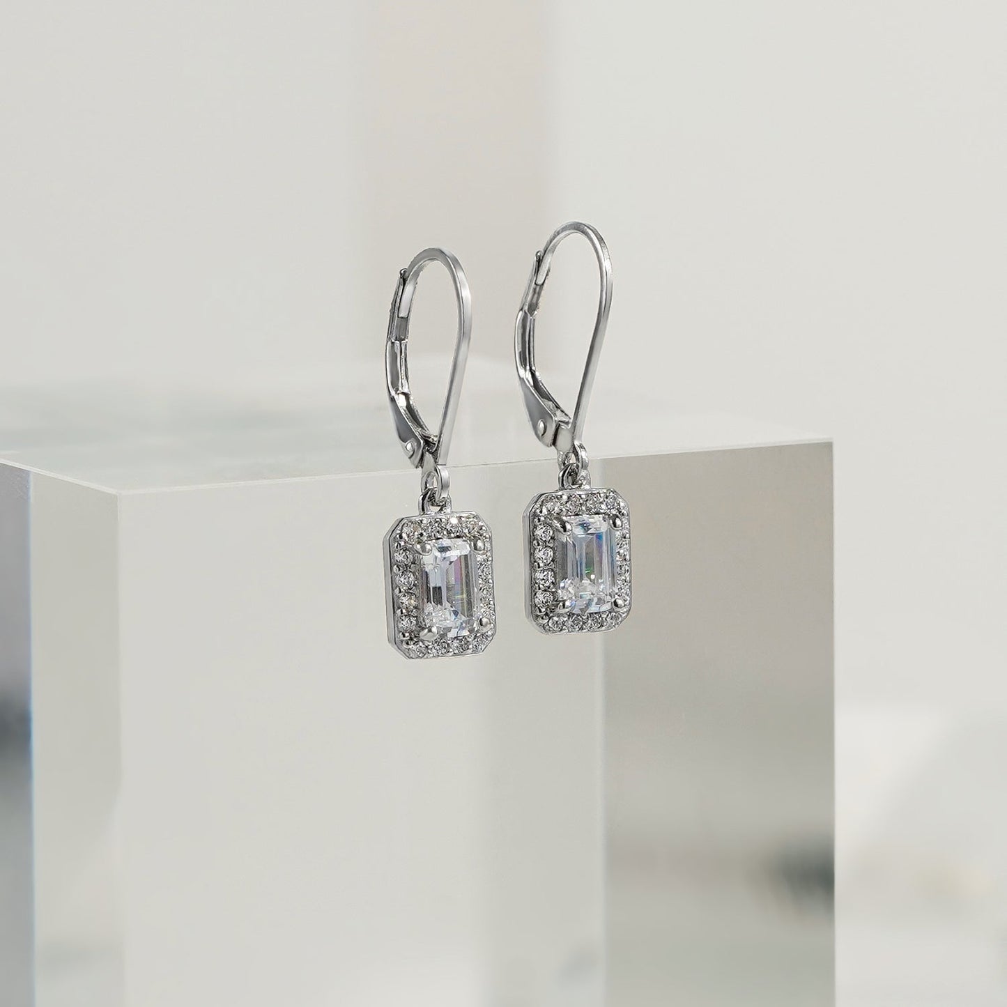 Emerald Cut Halo Leverback Earrings JEE09972 JEE09832