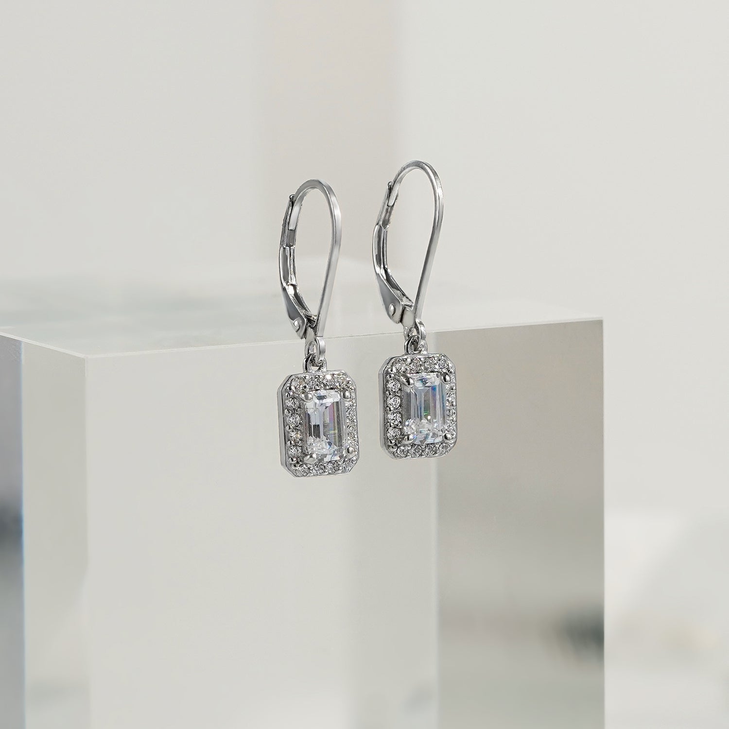 Emerald Cut Halo Leverback Earrings JEE09972 JEE09832