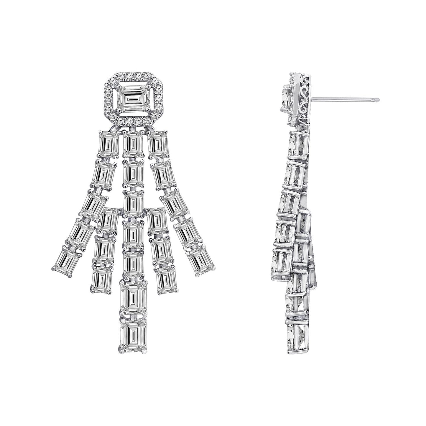 KIERA COUTURE Platinum Clad Sterling Silver Emerald Cut Cubic Zirconia Chandelier Drop Earrings