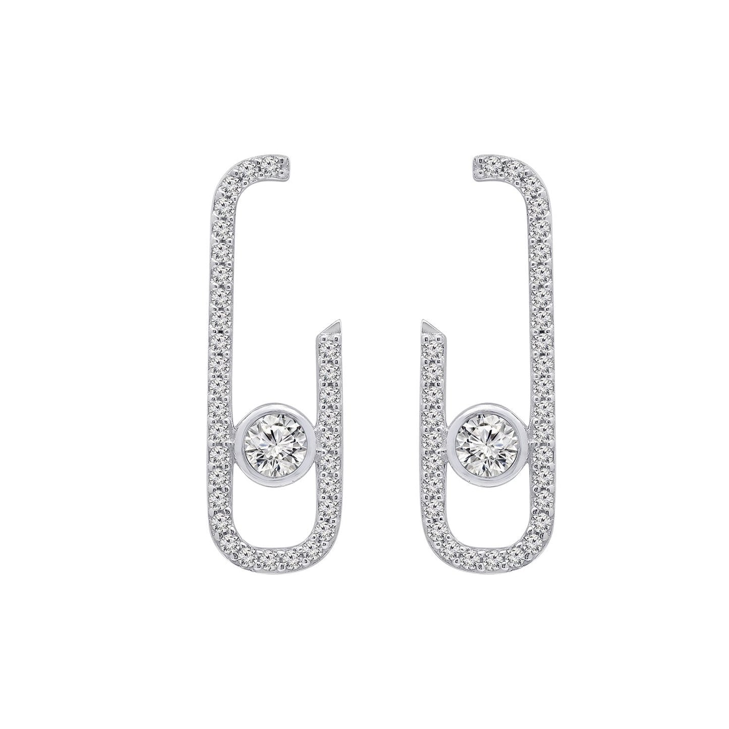 KIERA COUTURE Platinum Clad Sterling Silver Cubic Zirconia Front Facing J-Shaped Drop Stud Earrings