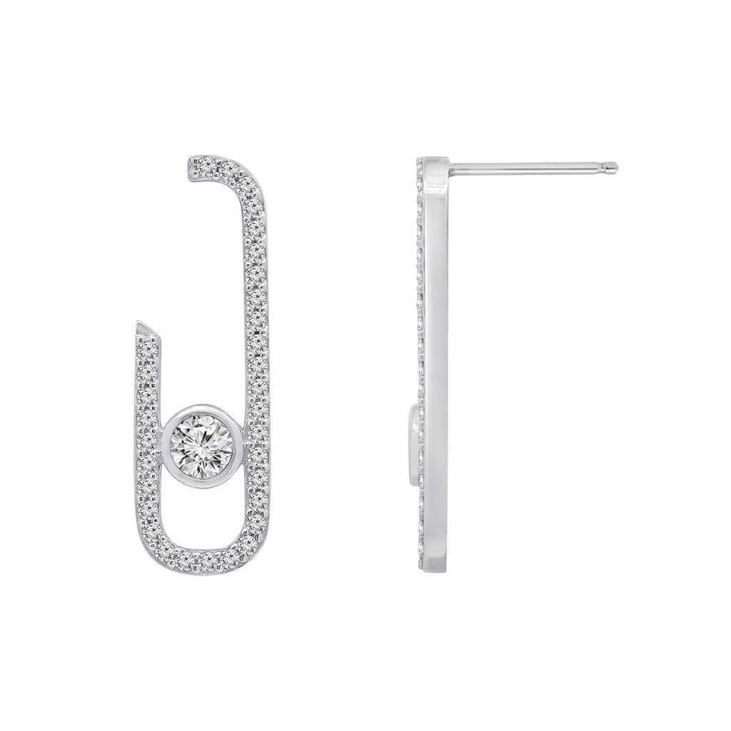 KIERA COUTURE Platinum Clad Sterling Silver Cubic Zirconia Front Facing J-Shaped Drop Stud Earrings