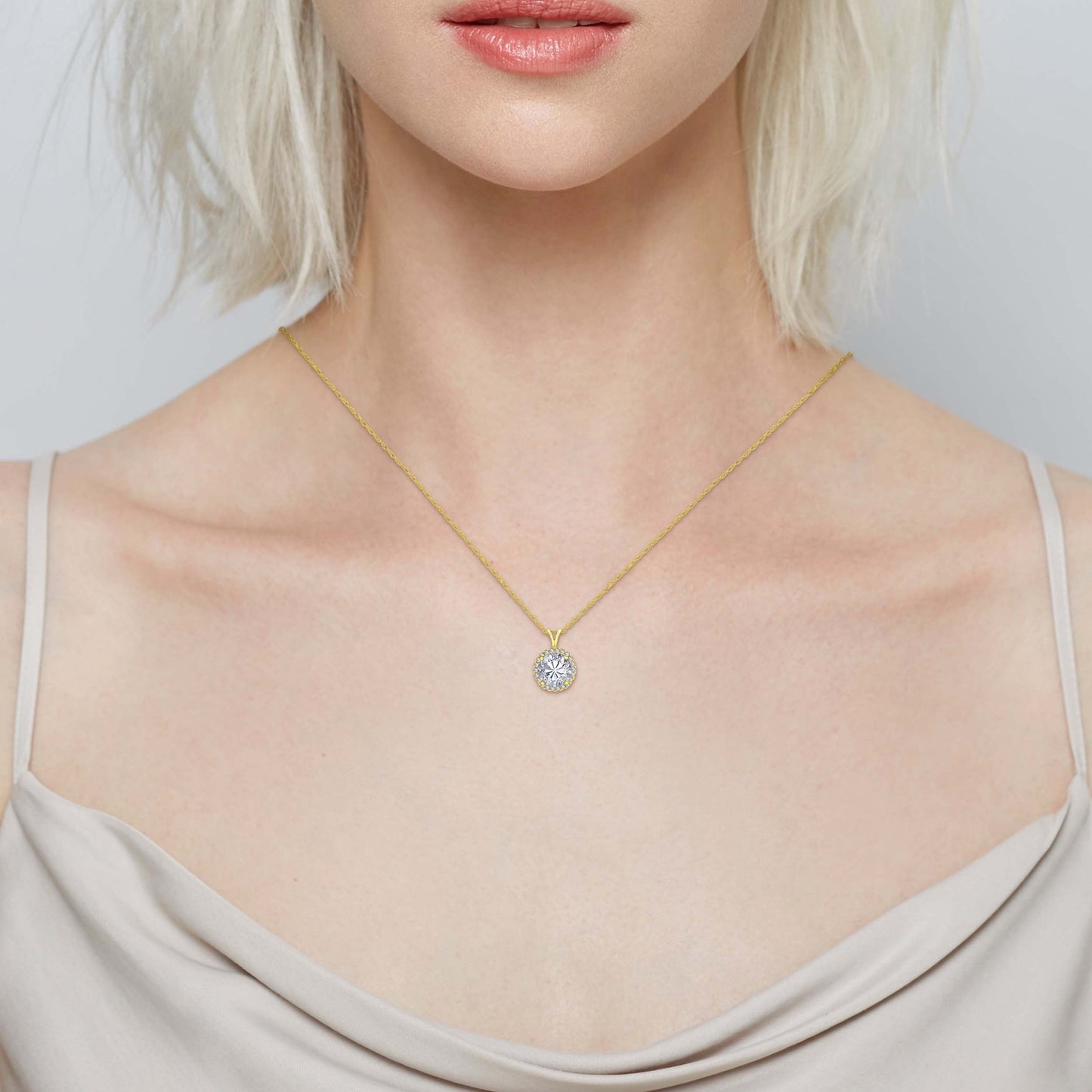 14K Gold 3cttw Zirconia Round Halo Pendant with Chain