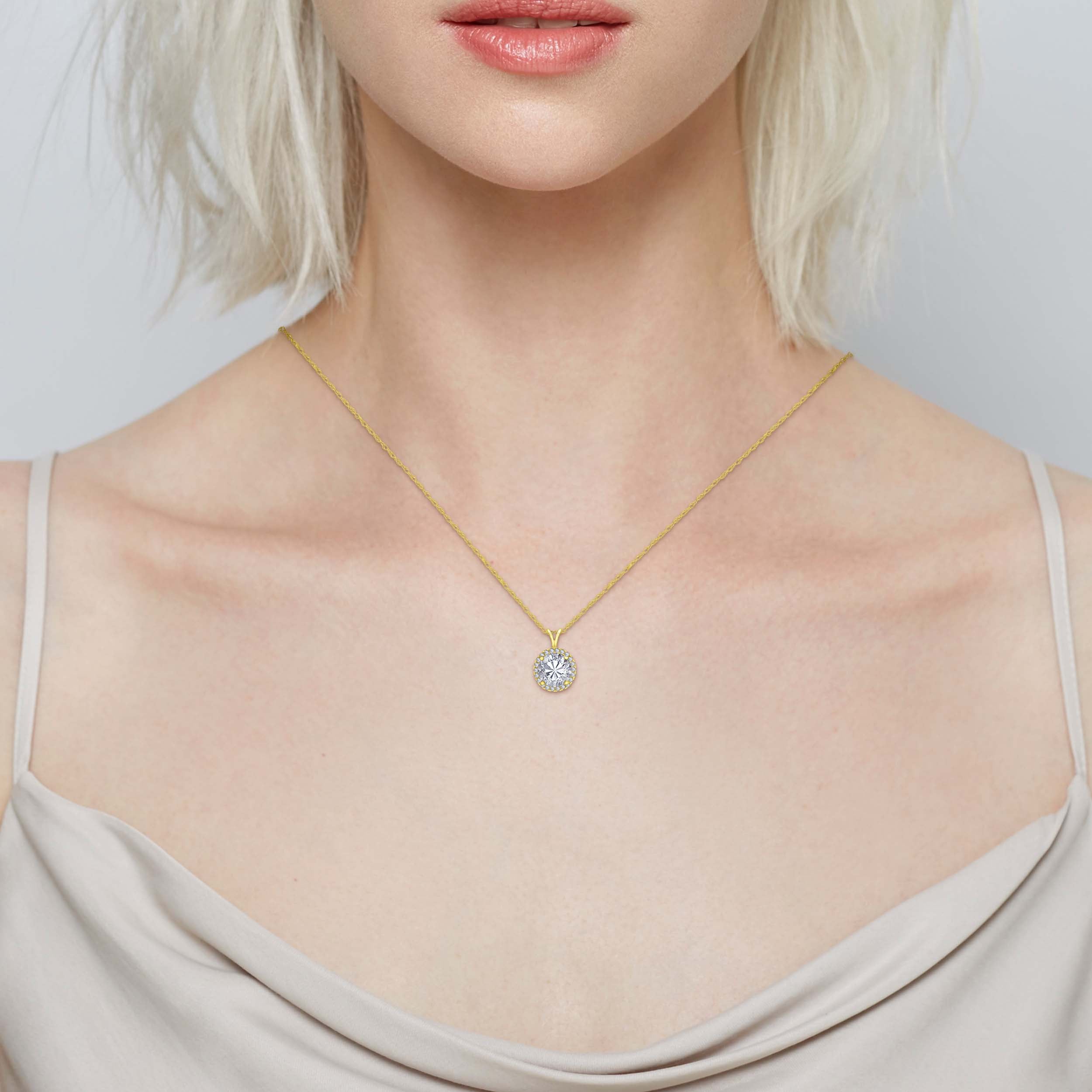 14K Gold 3cttw Zirconia Round Halo Pendant with Chain